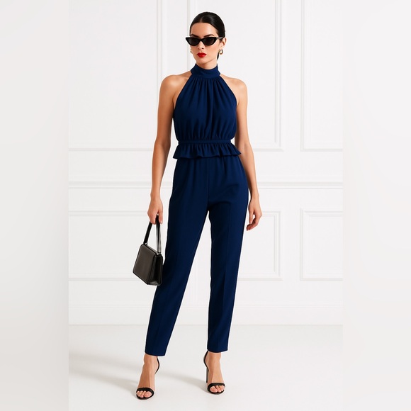 Emilia Wickstead Everette Halterneck Wool-Crepe Jumpsuit Admiral Navy Blue Sz 4 - Picture 1 of 15